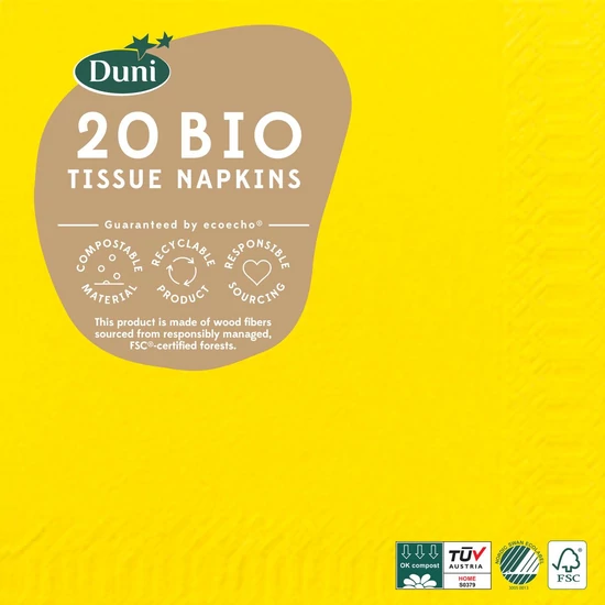Duni bio szalvéta sárga 3rtg 24x24cm 12x20db/gyűjtő