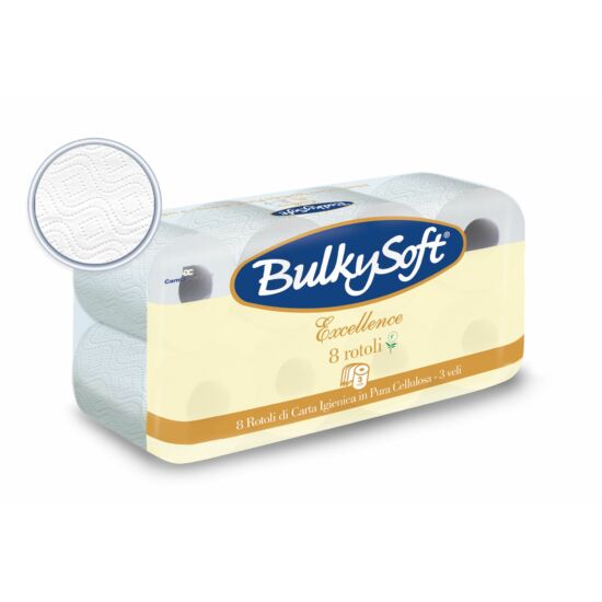 BulkySoft excellence kistekercses toalettpapír 3 rétegű 150lap 15,75m cell 12x8tek/gyűjtő